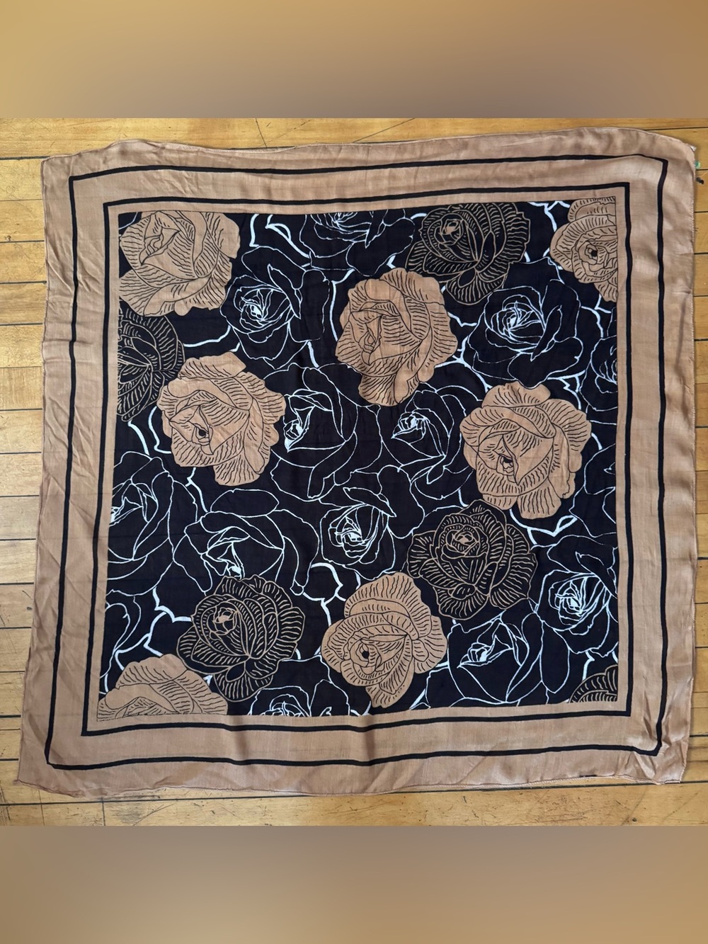 Women’s Black and Tan Rose Print Scarf